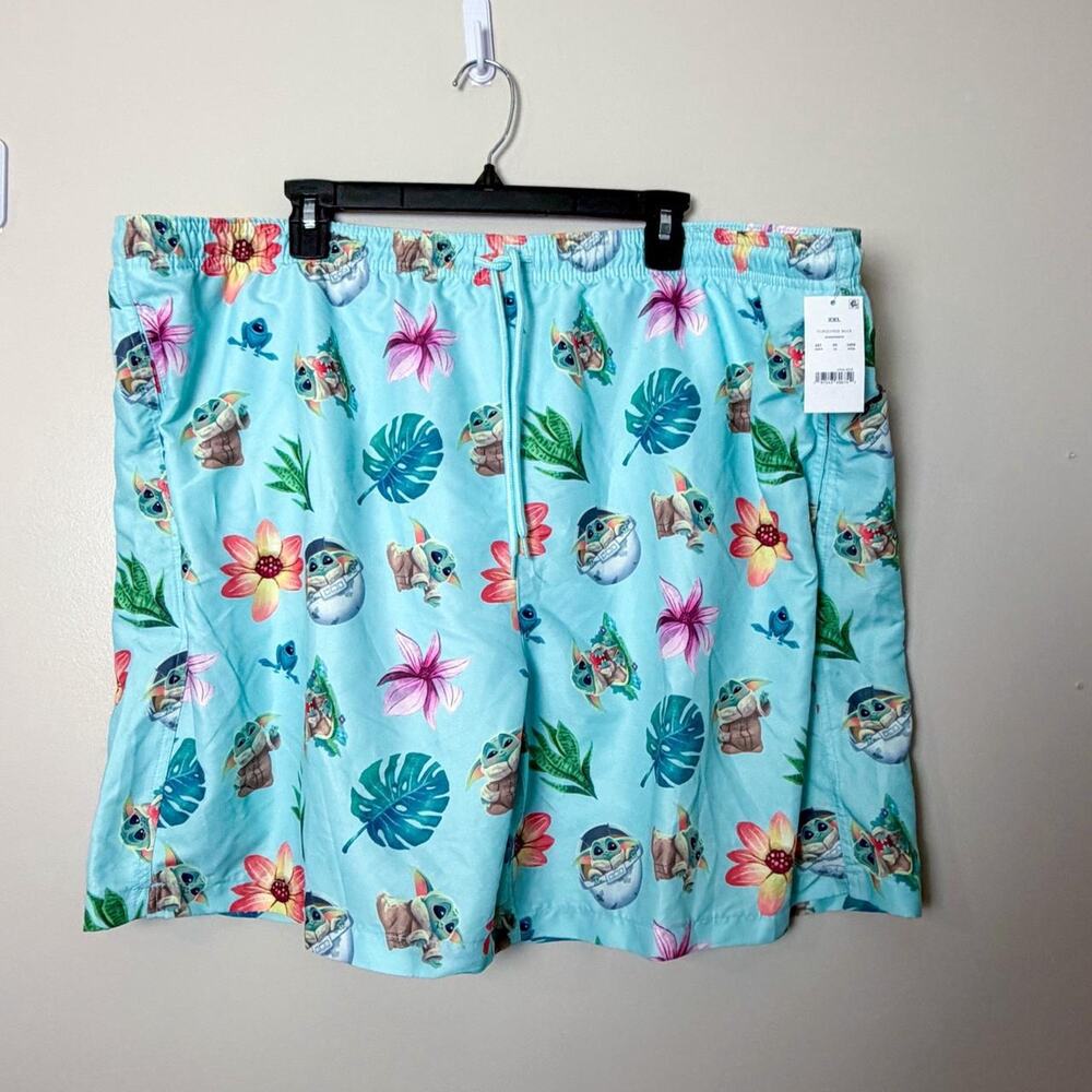 NWT Disney Star Wars Grogu Baby Yoda Tropical Swim Trunks Blue Teal XXL